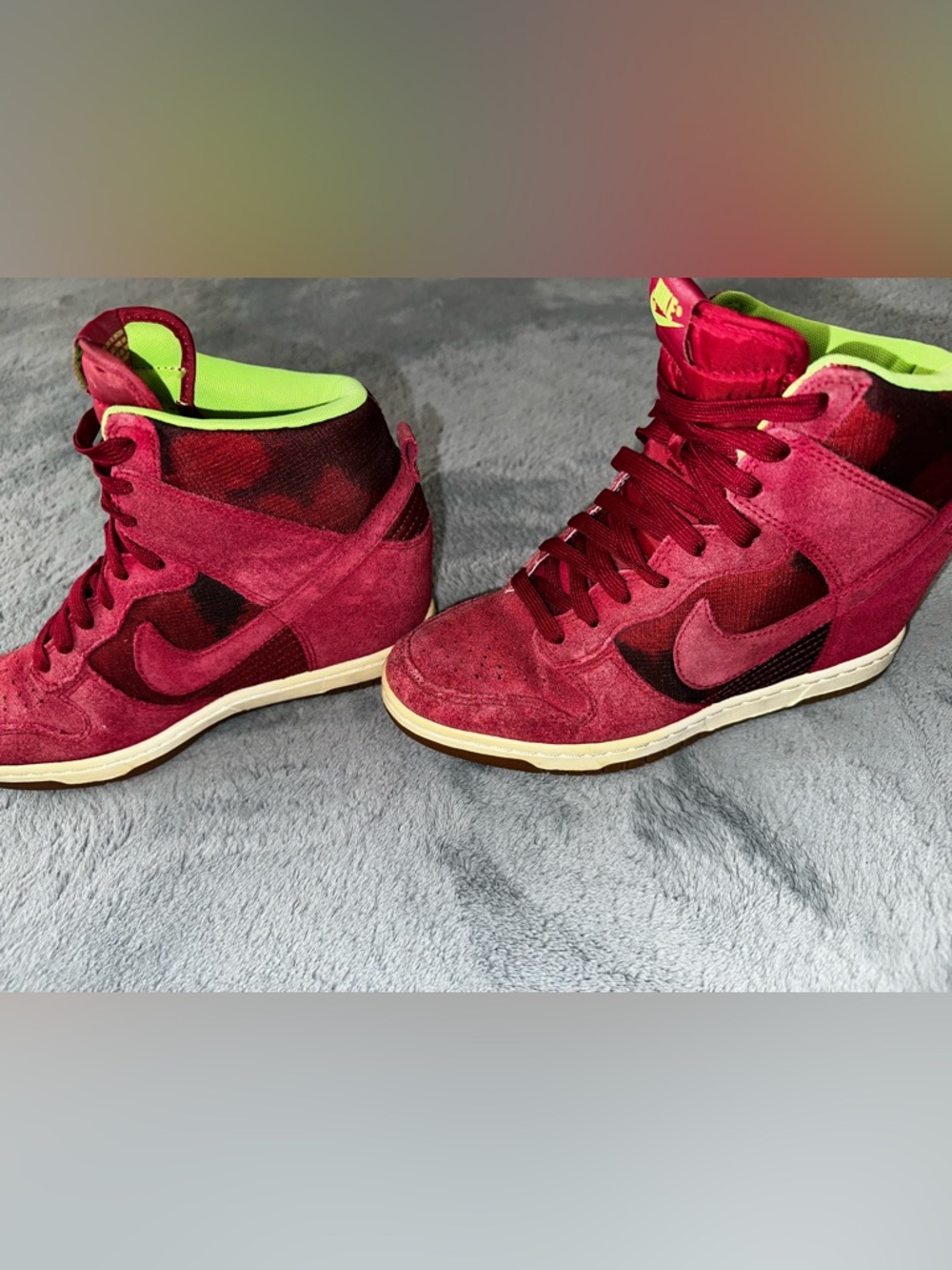 Nike Women’s Burgundy Suede High-Top Sneakers with Neon Green Lining
